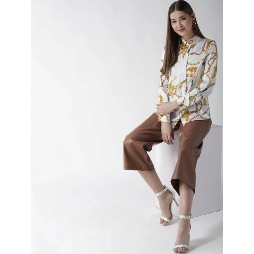 Women's Satin Printed Long Sleeves Shirt — White-Gold