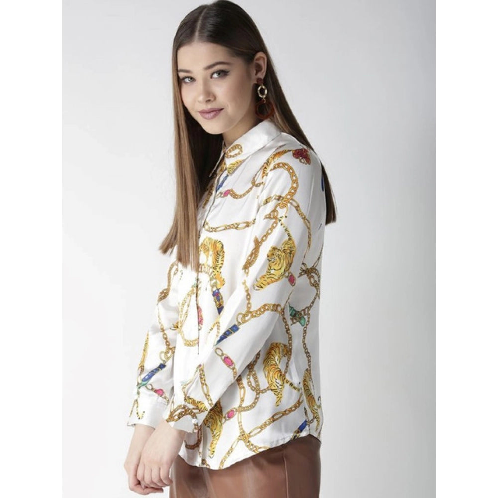Women's Satin Printed Long Sleeves Shirt — White-Gold