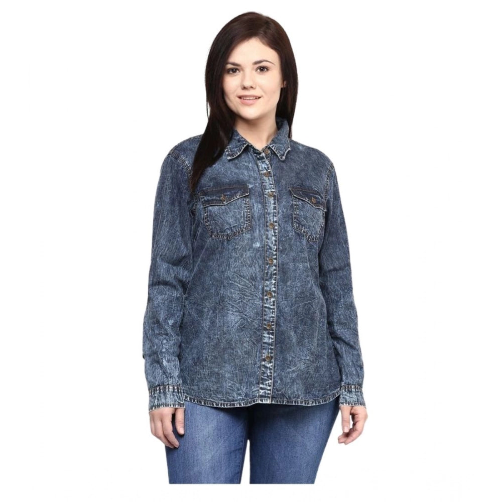 Women's Denim Solid Long Sleeves Shirt — Blue