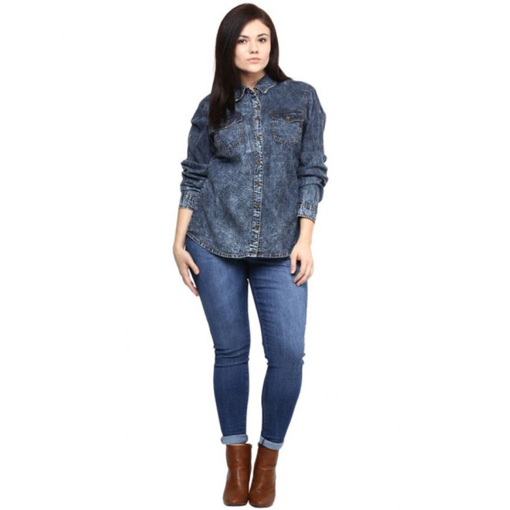 Women's Denim Solid Long Sleeves Shirt — Blue