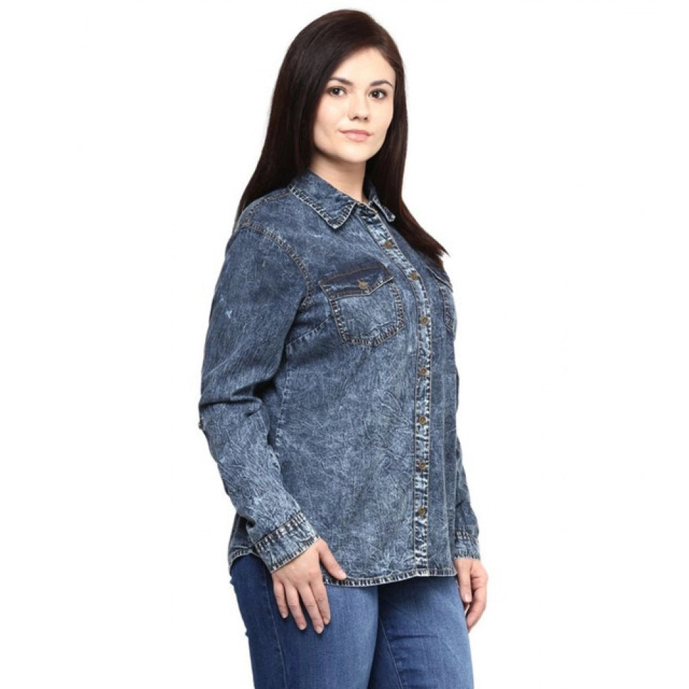 Women's Denim Solid Long Sleeves Shirt — Blue