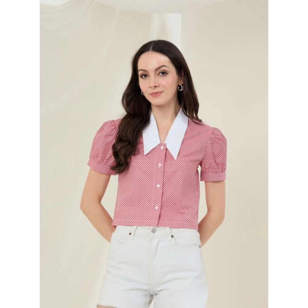 Women's Cotton Checkered Half Sleeve Shirt — Red - White