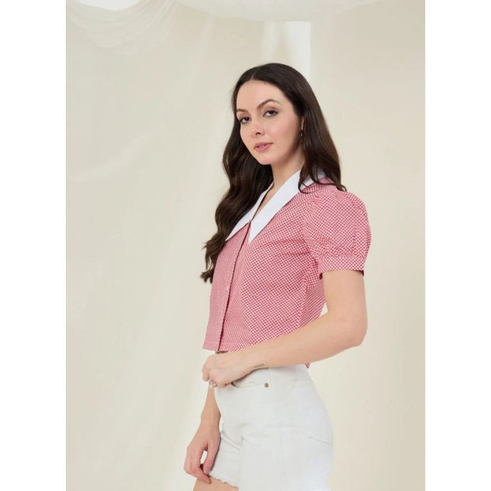 Women's Cotton Checkered Half Sleeve Shirt — Red - White
