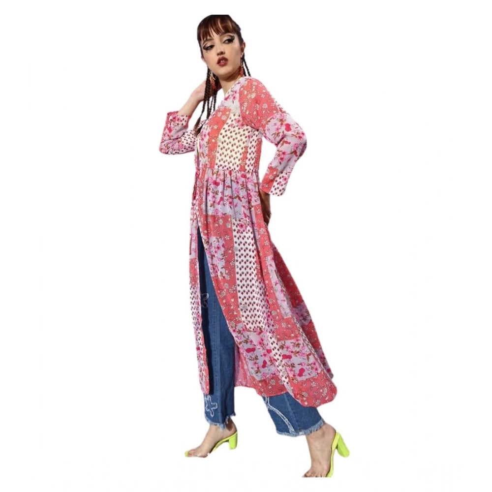 Women's Floral Long Sleeves Shrug — Pink-Coral