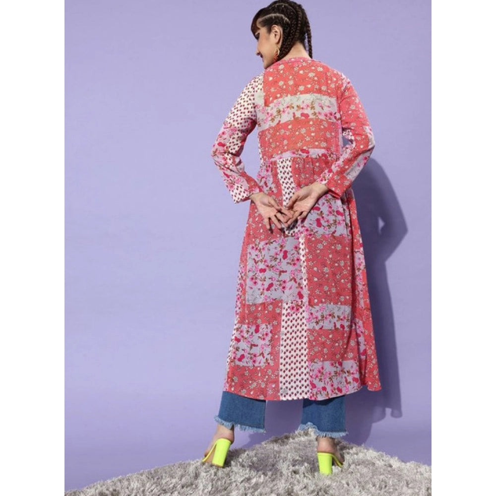 Women's Floral Long Sleeves Shrug — Pink-Coral