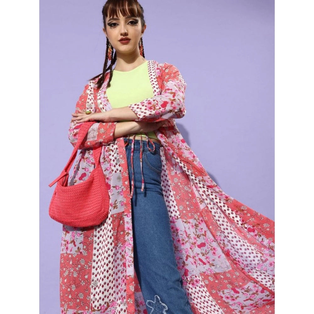 Women's Floral Long Sleeves Shrug — Pink-Coral