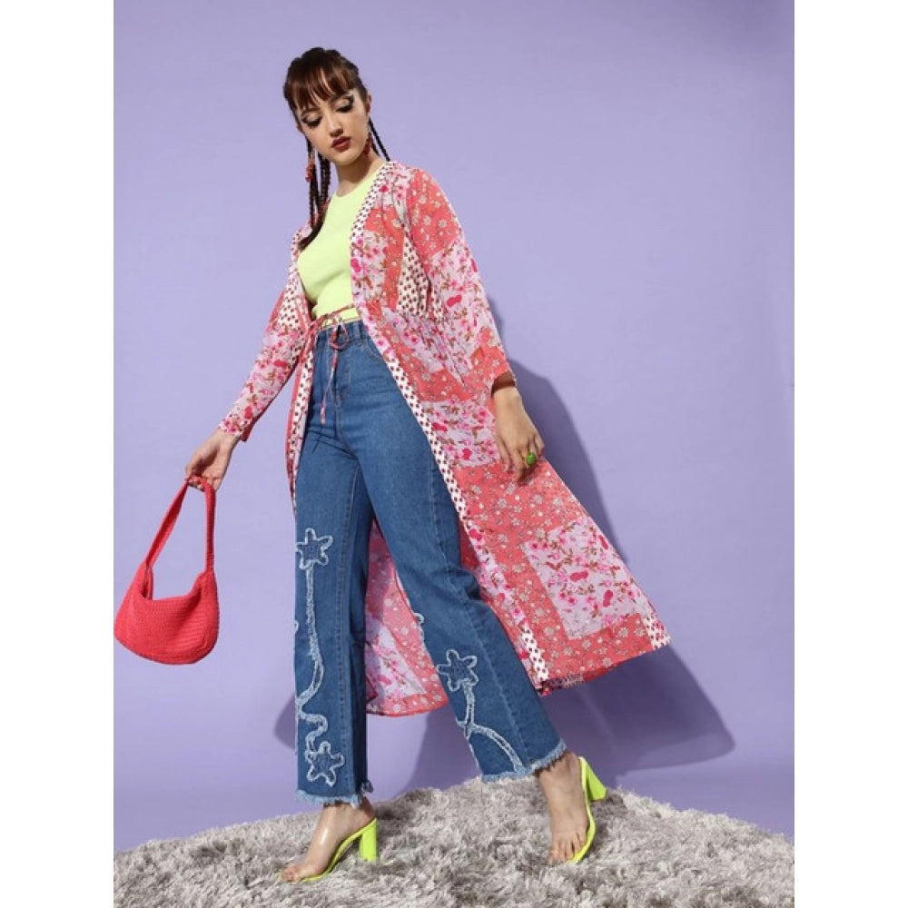 Women's Floral Long Sleeves Shrug — Pink-Coral