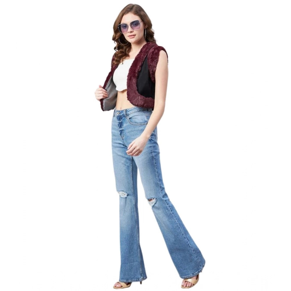 Women's Denim And Fur Solid Sleeveless Shrug — Black - Maroon