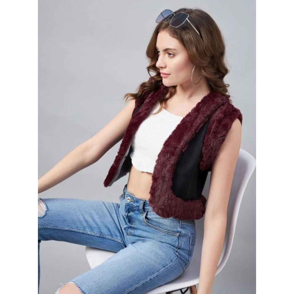 Women's Denim And Fur Solid Sleeveless Shrug — Black - Maroon