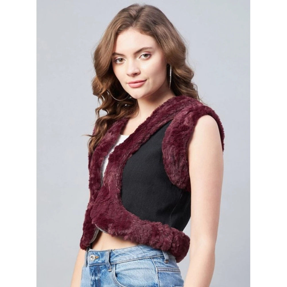 Women's Denim And Fur Solid Sleeveless Shrug — Black - Maroon