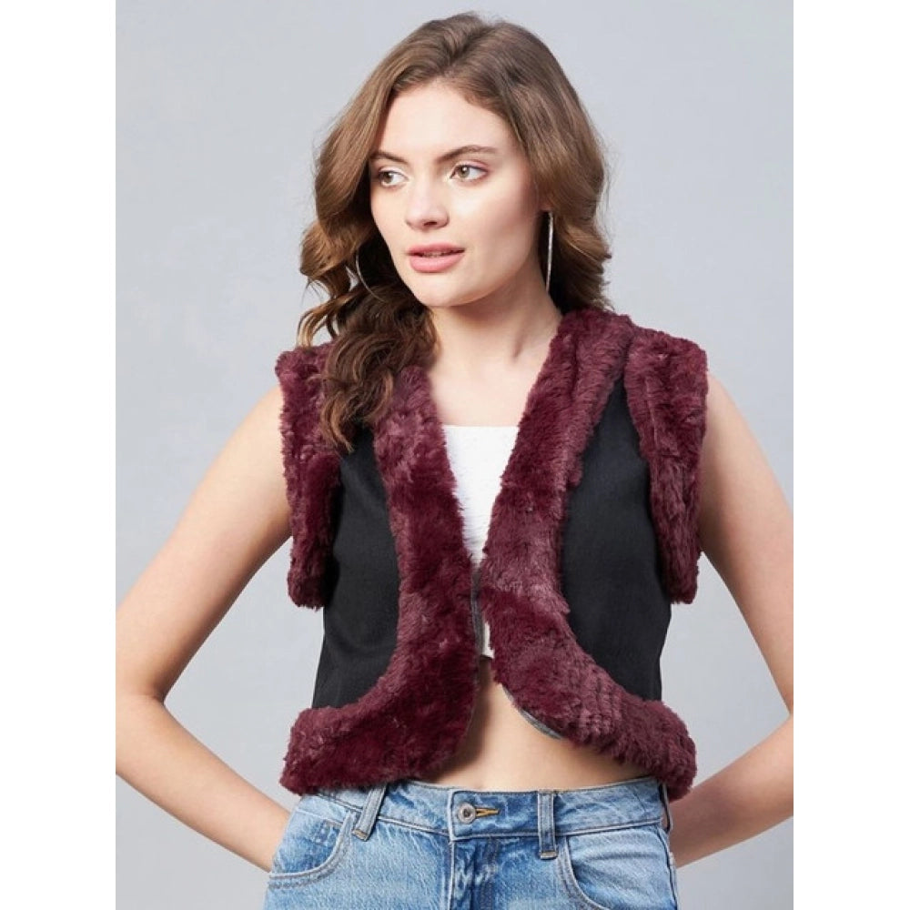 Women's Denim And Fur Solid Sleeveless Shrug — Black - Maroon