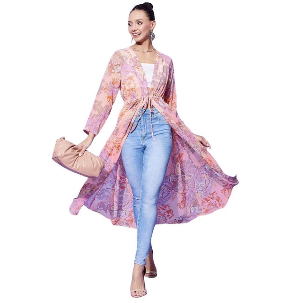 Women's Floral Long Sleeves Shrug — Peach