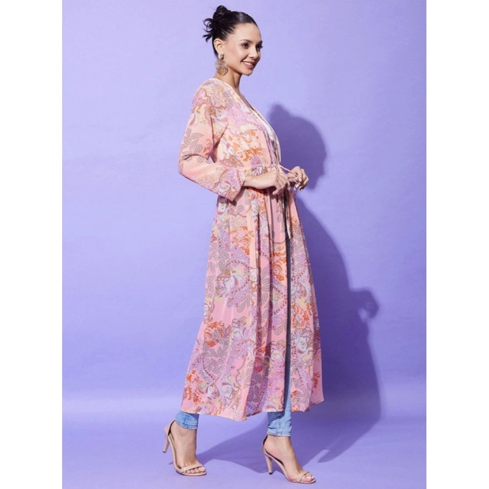 Women's Floral Long Sleeves Shrug — Peach