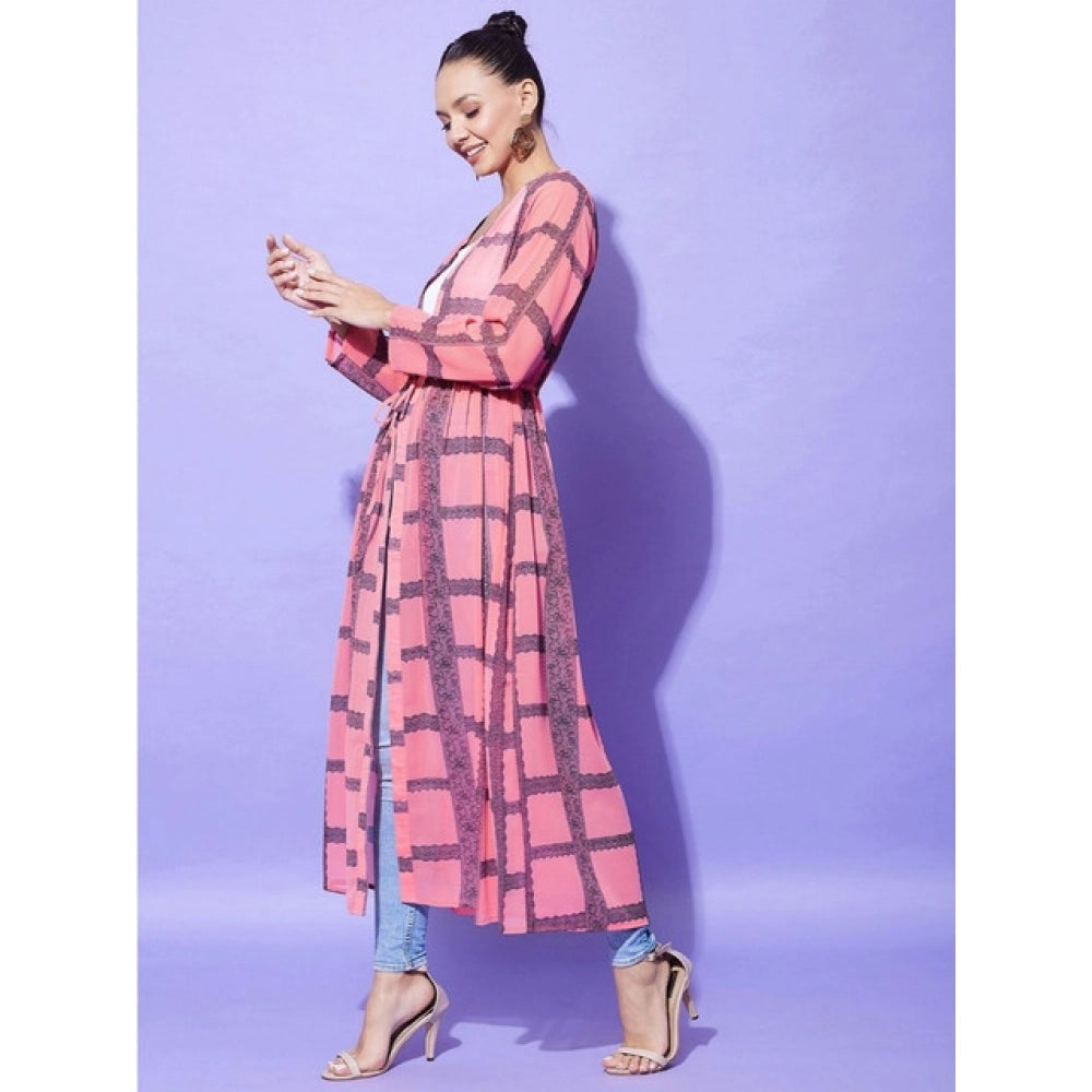 Women's Check Long Sleeves Shrug — Pink