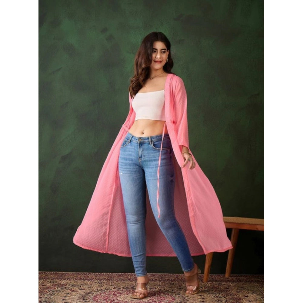 Women's Chiffon Self Design Long Sleeves Shrug — Pink