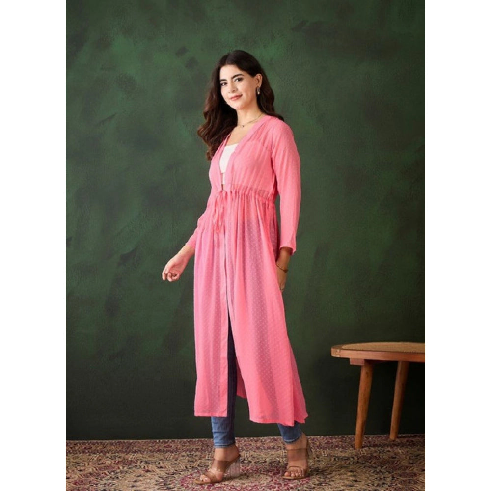Women's Chiffon Self Design Long Sleeves Shrug — Pink
