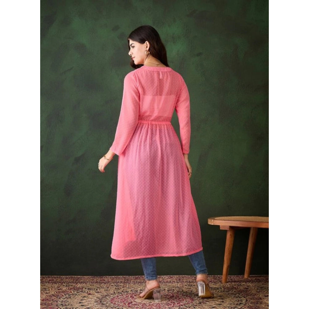 Women's Chiffon Self Design Long Sleeves Shrug — Pink