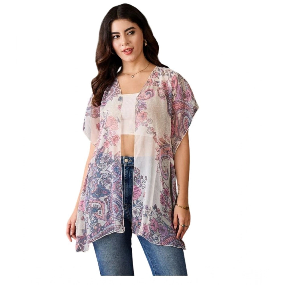 Women's Chiffon Printed Short Sleeves Shrug — White - Purple