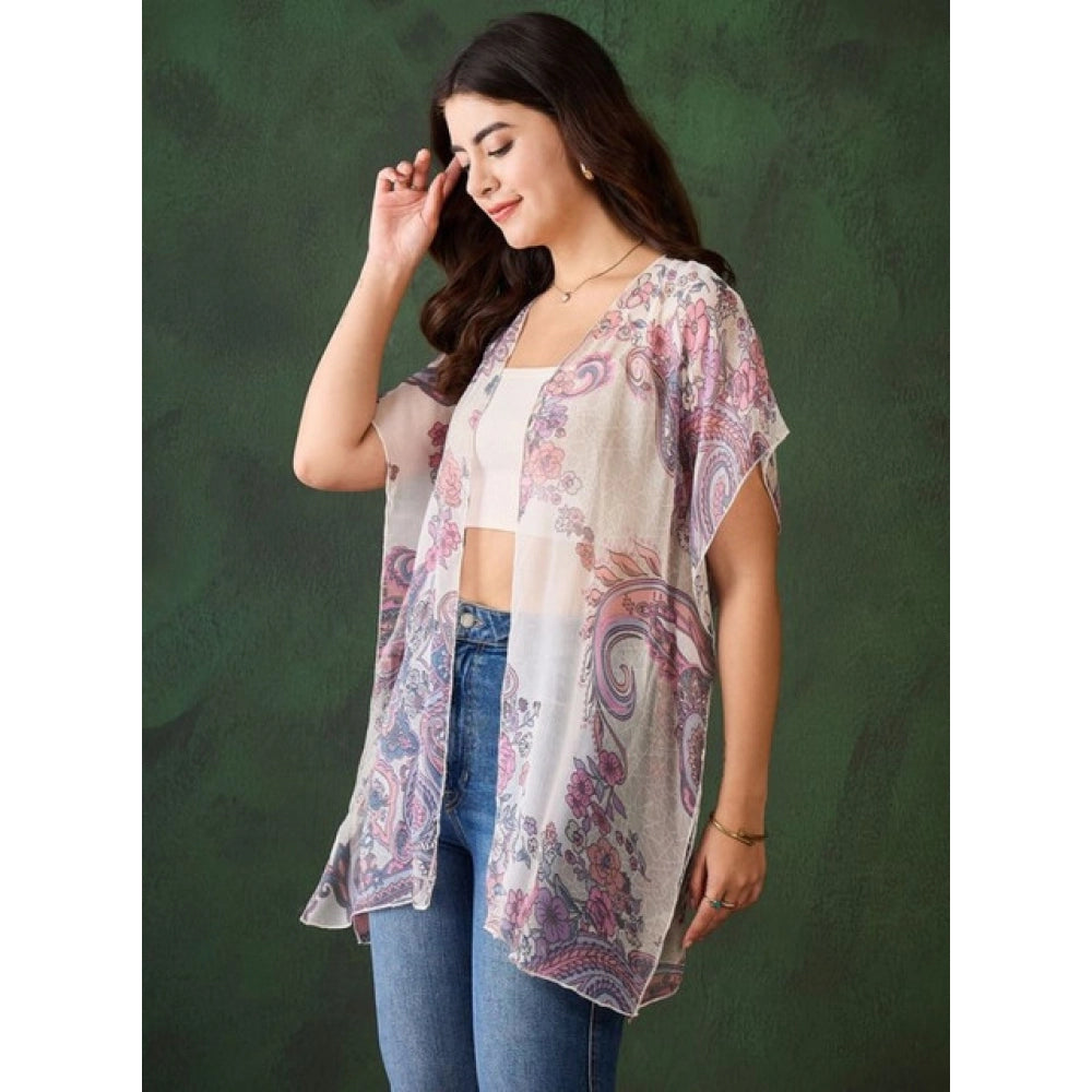 Women's Chiffon Printed Short Sleeves Shrug — White - Purple