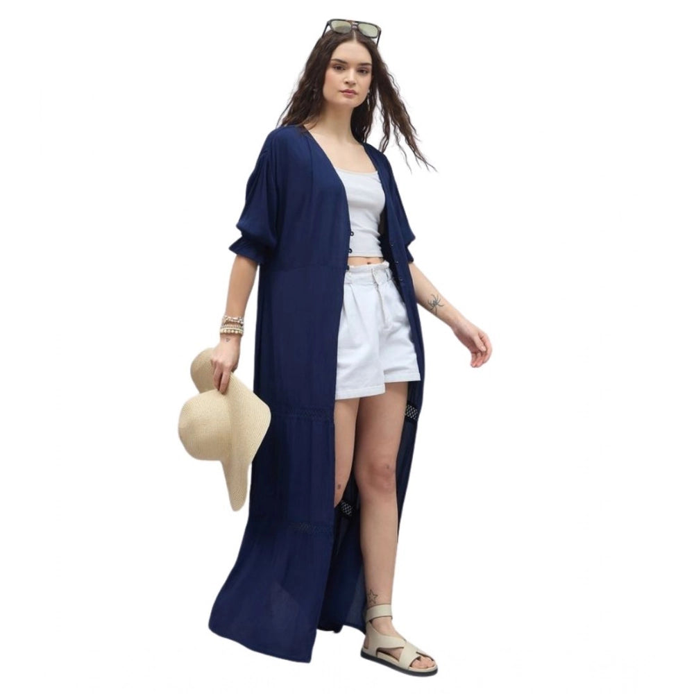 Women's Rayon Crepe Lace Inserts 3-4th Sleeve Shrug — Navy