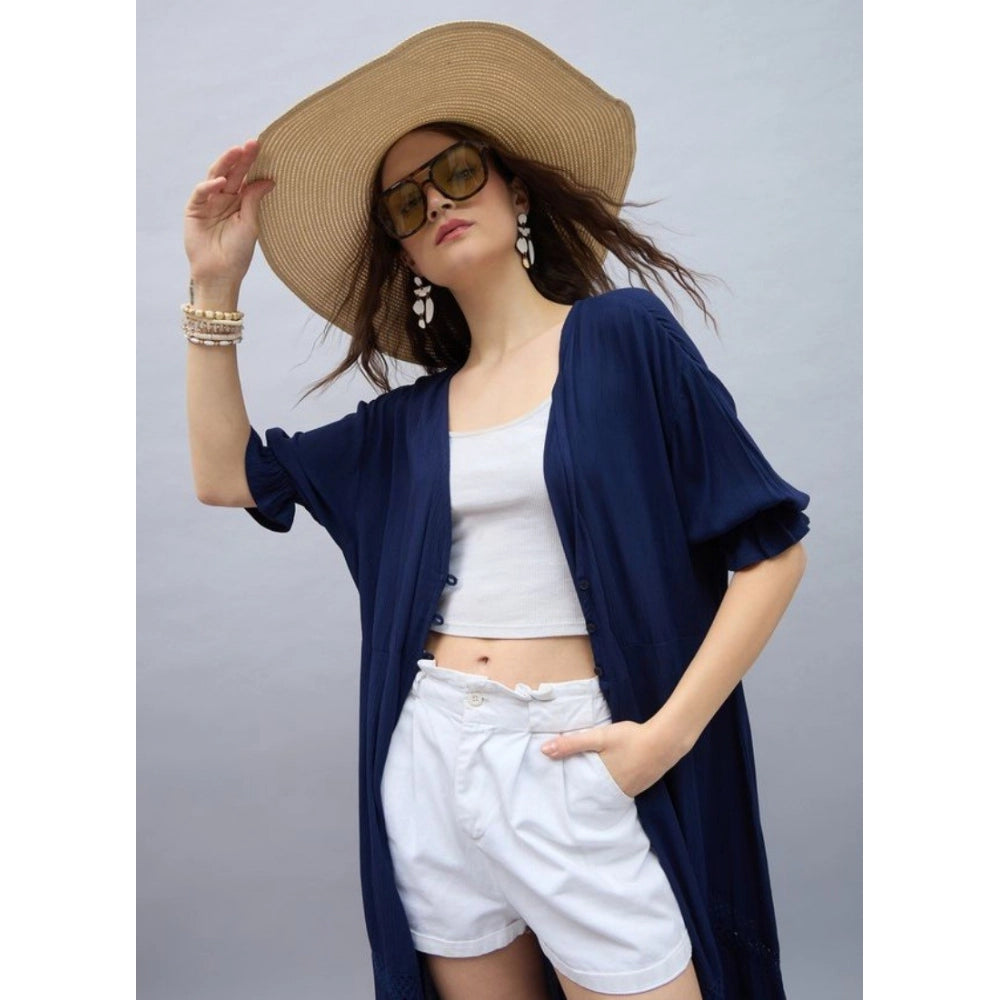 Women's Rayon Crepe Lace Inserts 3-4th Sleeve Shrug — Navy