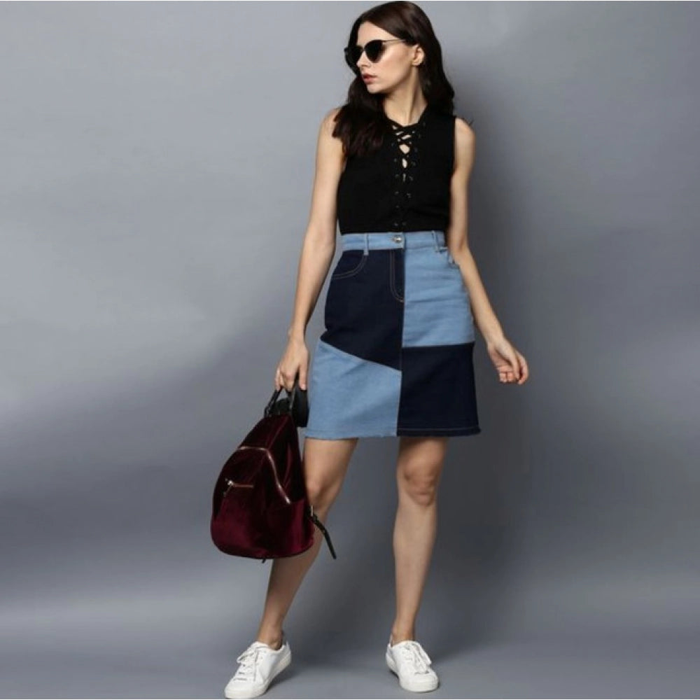 Women's Denim Brick Buttoned Skirt — Blue