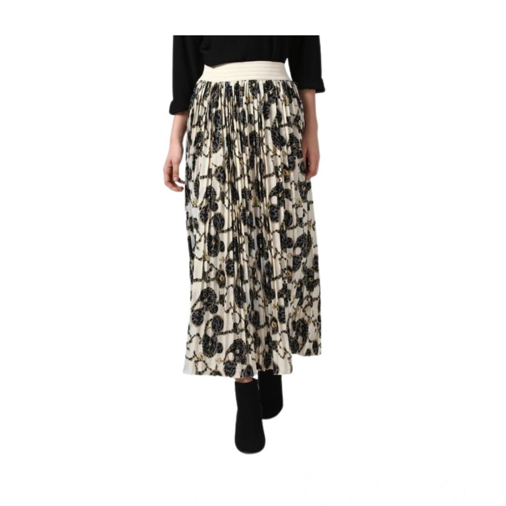 Women's Georgette Chain Print Elasticated Skirt — Cream-Black