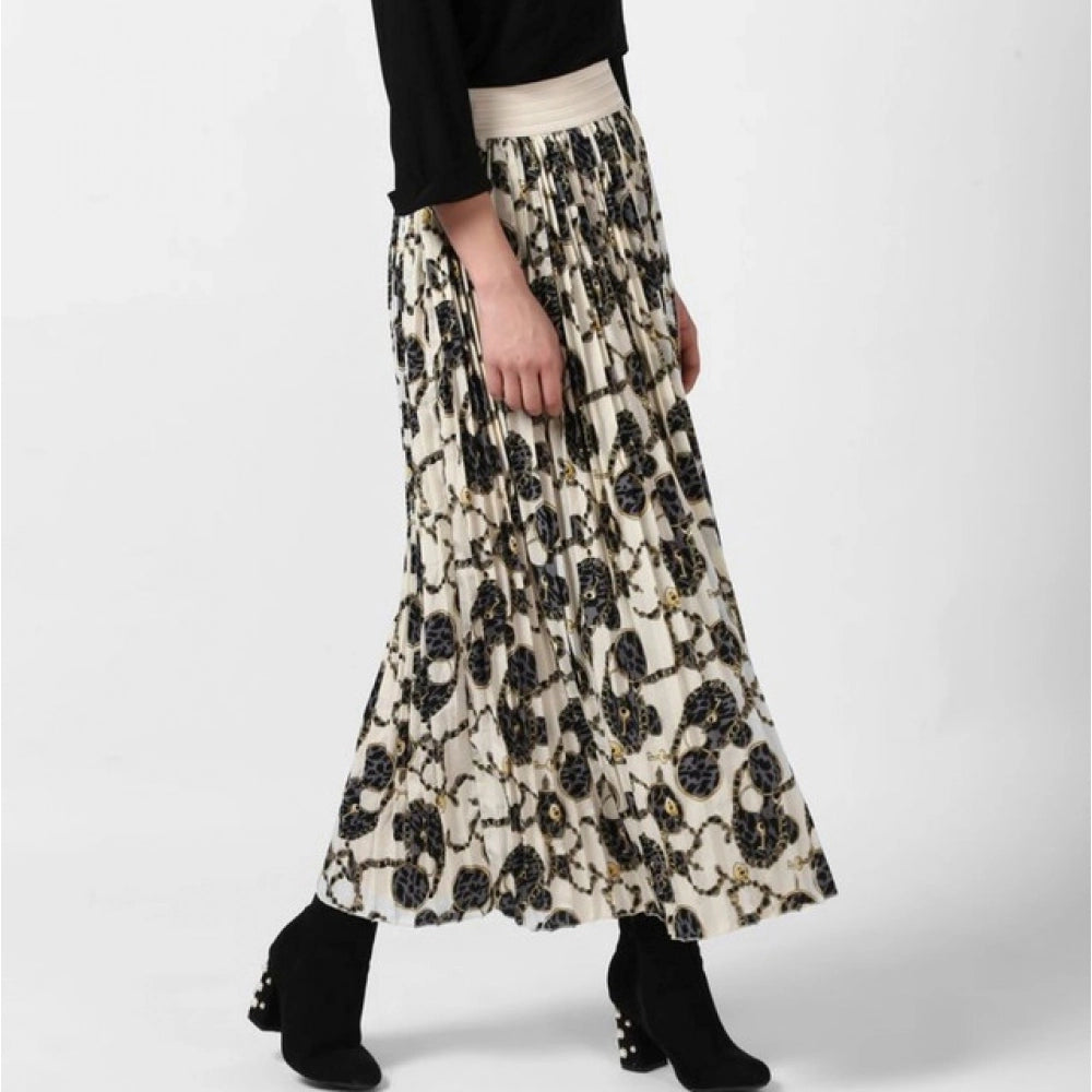 Women's Georgette Chain Print Elasticated Skirt — Cream-Black