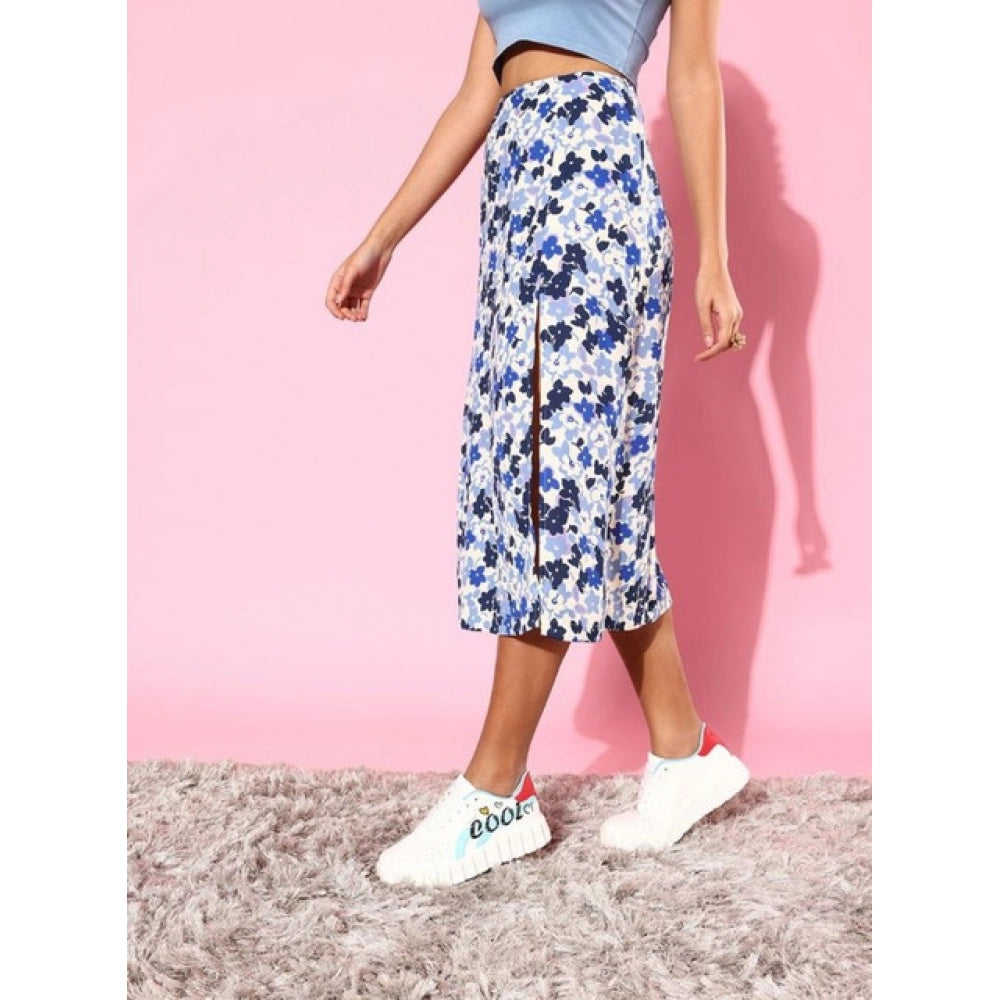 Women's Floral Side Zip Skirt — Blue - White