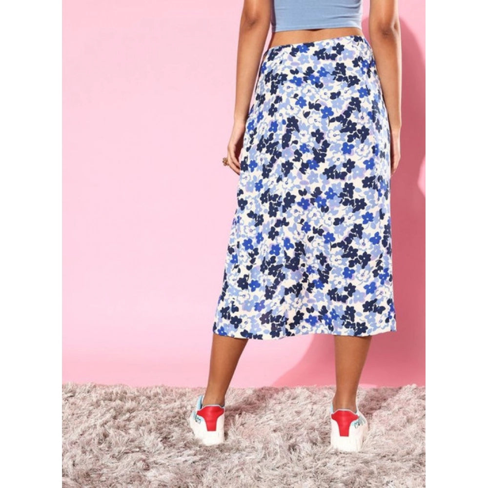 Women's Floral Side Zip Skirt — Blue - White
