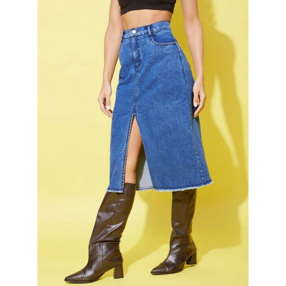 Women's Denim Solid Buttoned Skirt — Blue