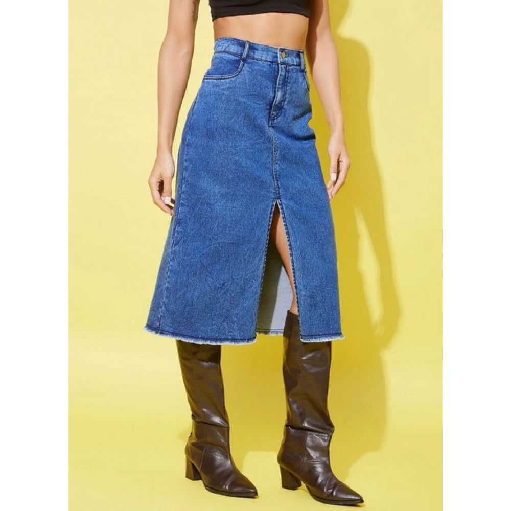 Women's Denim Solid Buttoned Skirt — Blue