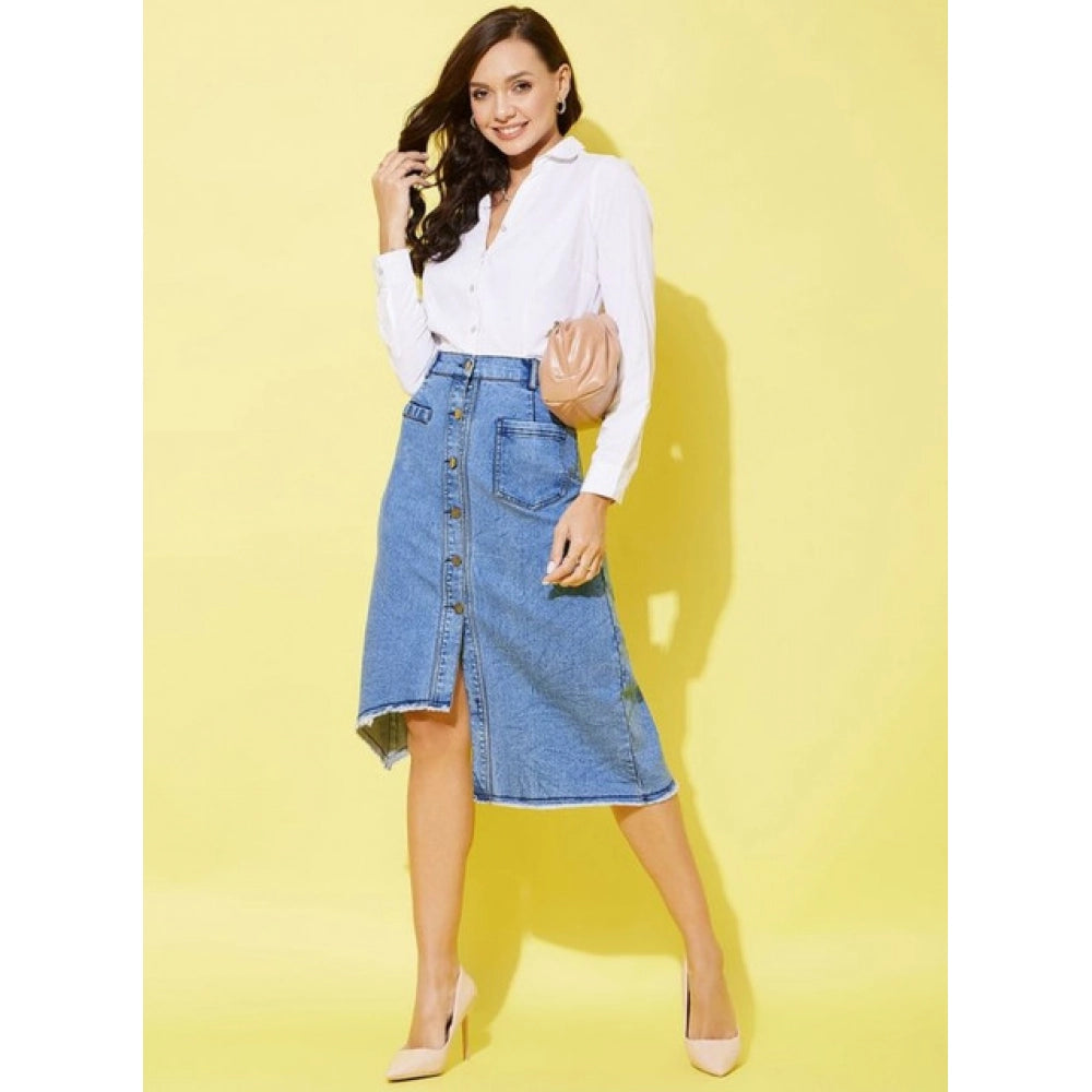 Women's Denim Hi Lo Buttoned Skirt — Blue