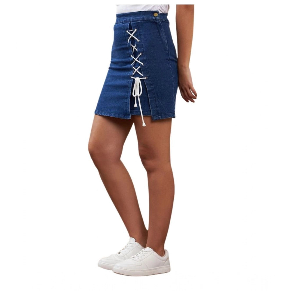 Women's Denim Lycra Solid Button Skirt — Blue · 2_36