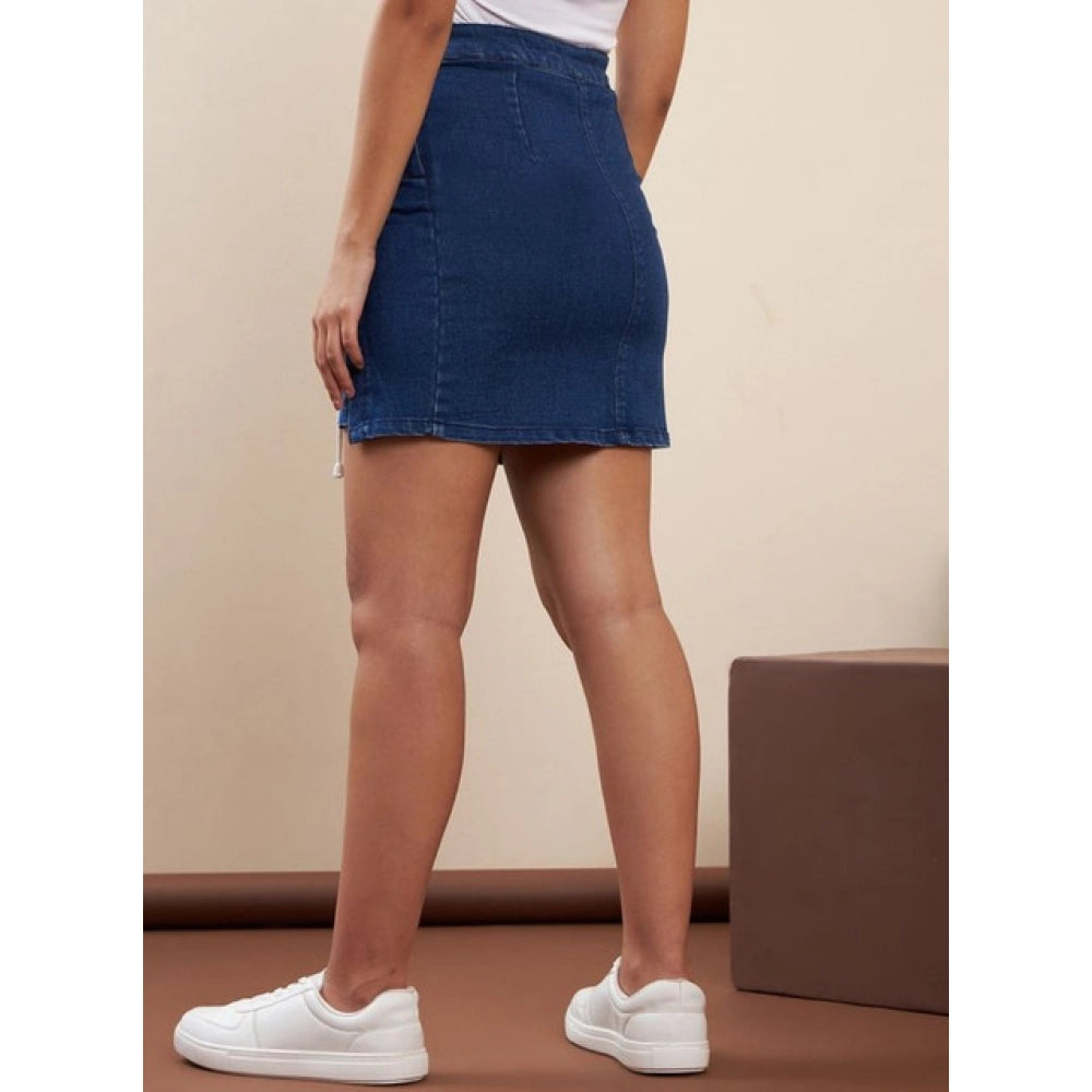 Women's Denim Lycra Solid Button Skirt — Blue · 2_36