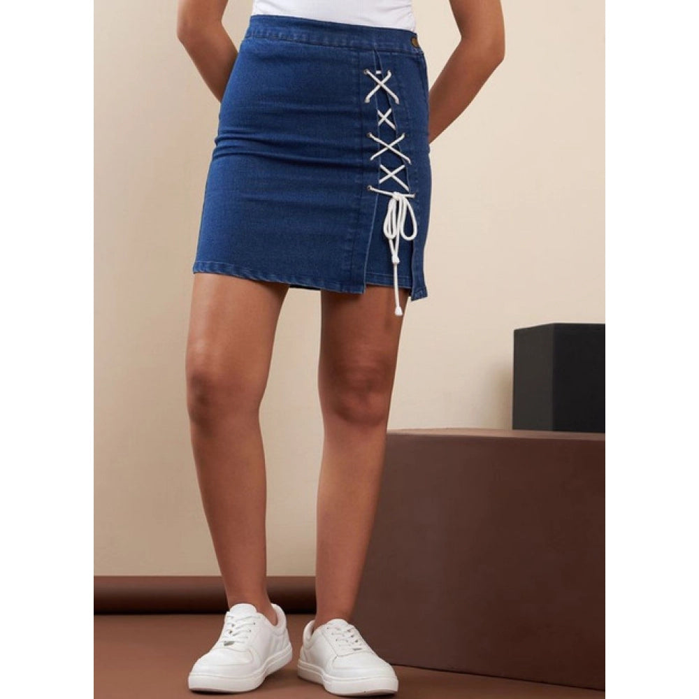 Women's Denim Lycra Solid Button Skirt — Blue · 2_36