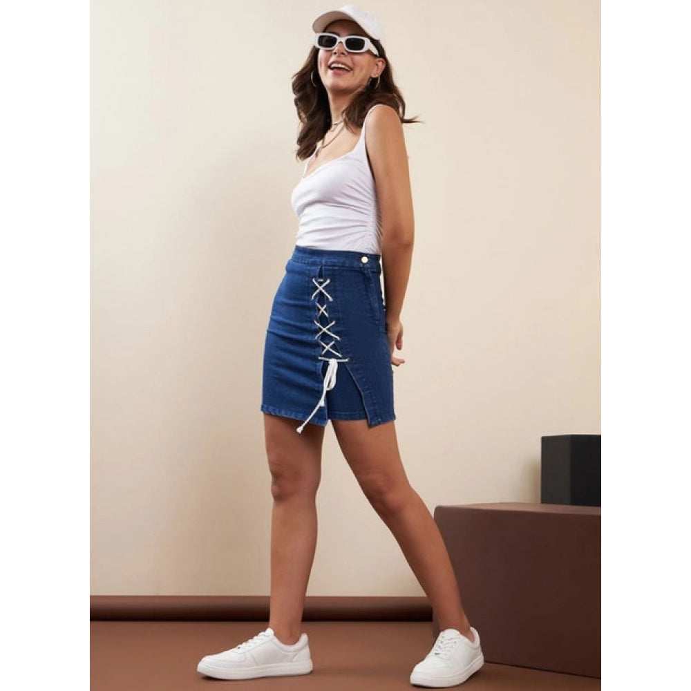 Women's Denim Lycra Solid Button Skirt — Blue · 2_36