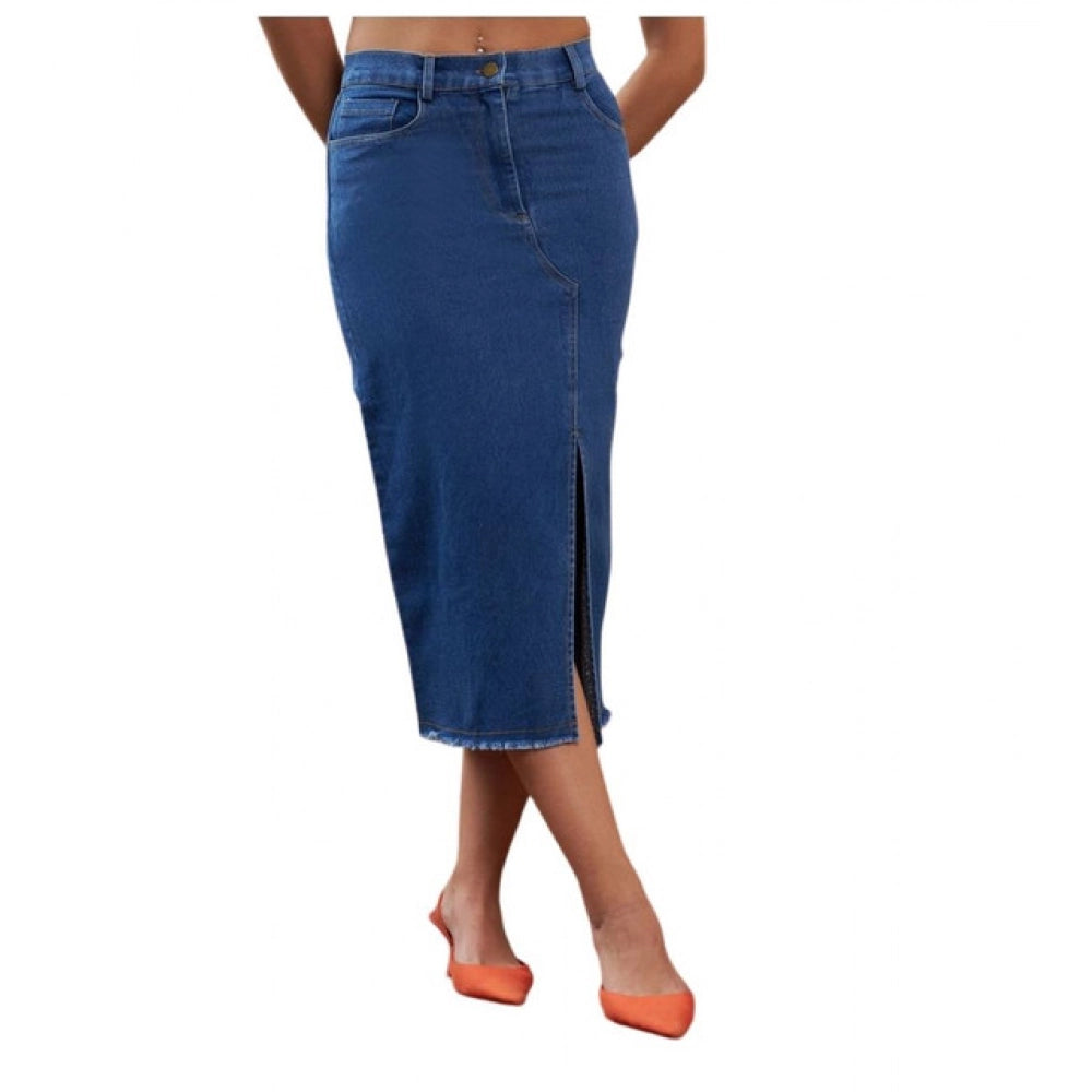 Women's Denim Lycra Solid Button Skirt — Blue · 4_36