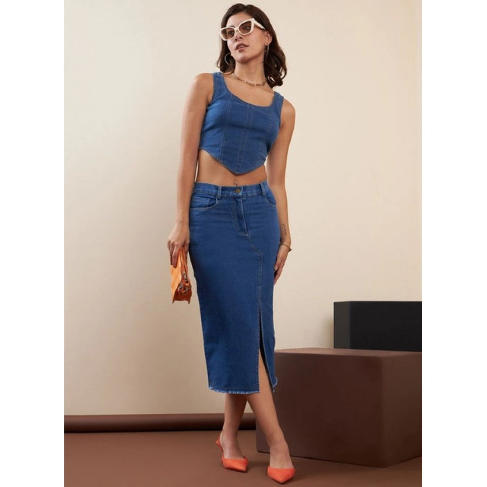 Women's Denim Lycra Solid Button Skirt — Blue · 4_36