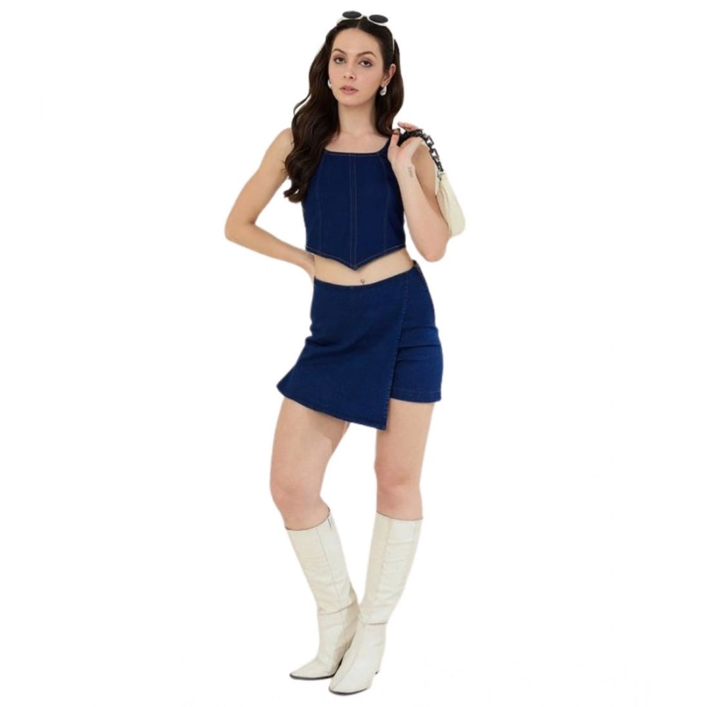 Women's Denim Lycra Solid Zip Closure Skorts — Navy