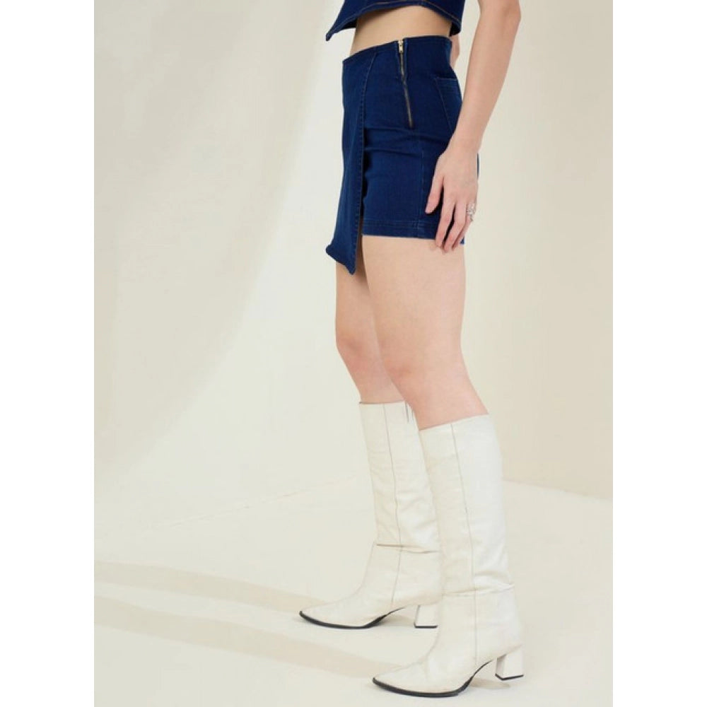 Women's Denim Lycra Solid Zip Closure Skorts — Navy
