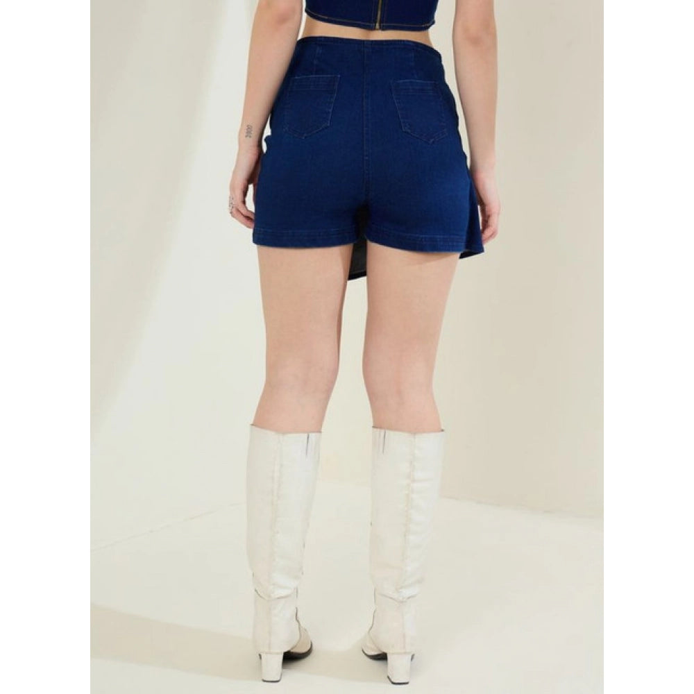 Women's Denim Lycra Solid Zip Closure Skorts — Navy
