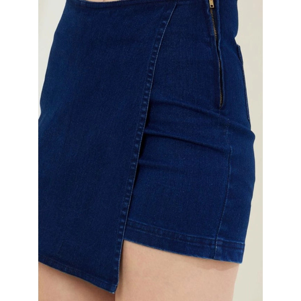 Women's Denim Lycra Solid Zip Closure Skorts — Navy