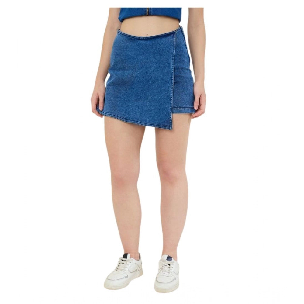 Women's Denim Lycra Solid Zip Closure Skorts — Blue