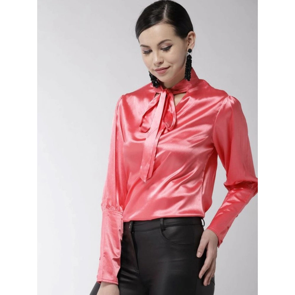 Women's Solid Long Sleeves Top — Coral