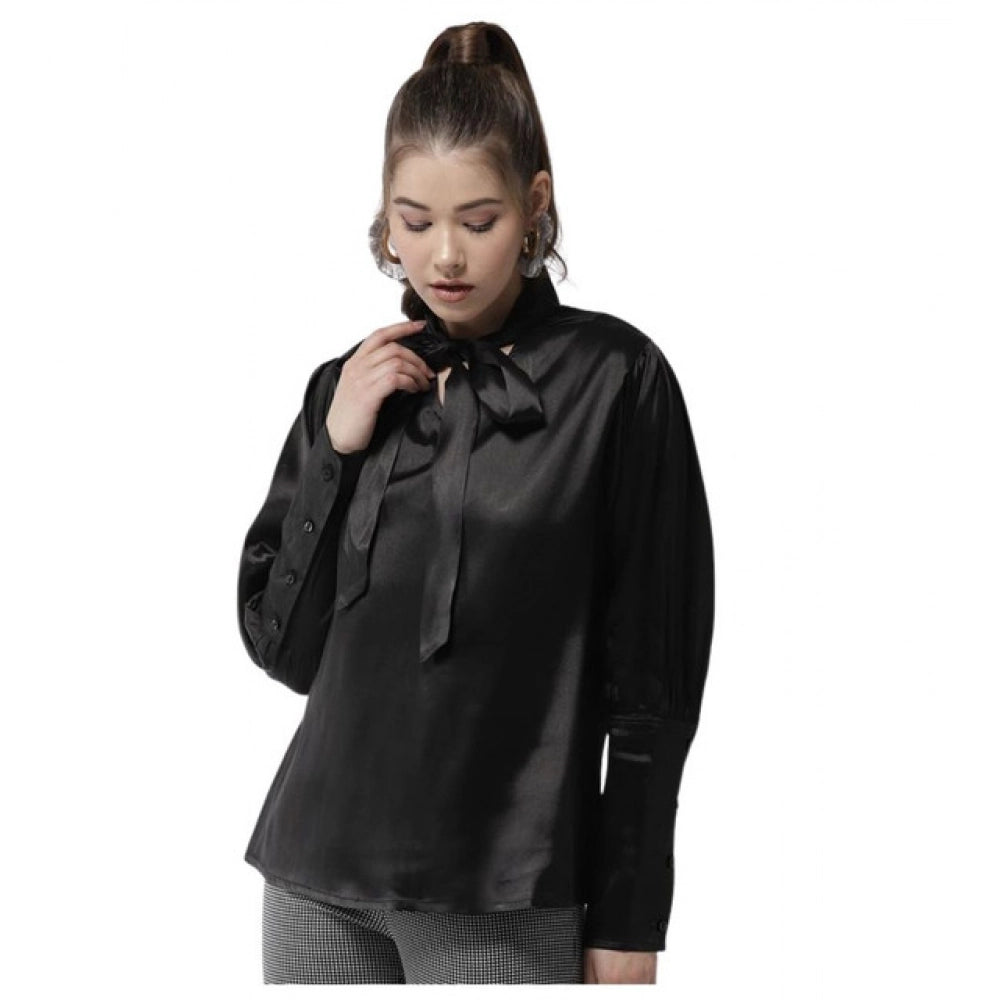 Women's Solid Long Sleeves Top — Black