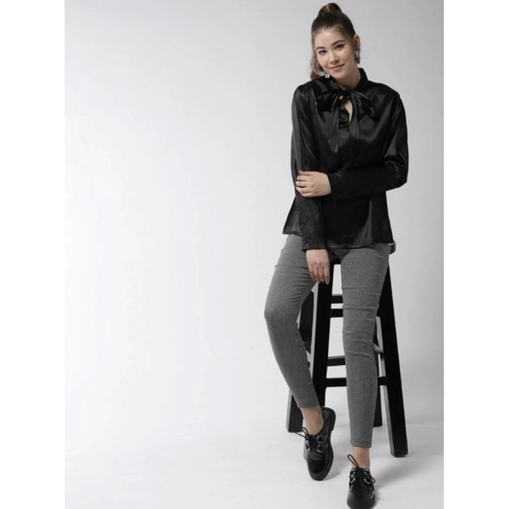 Women's Solid Long Sleeves Top — Black