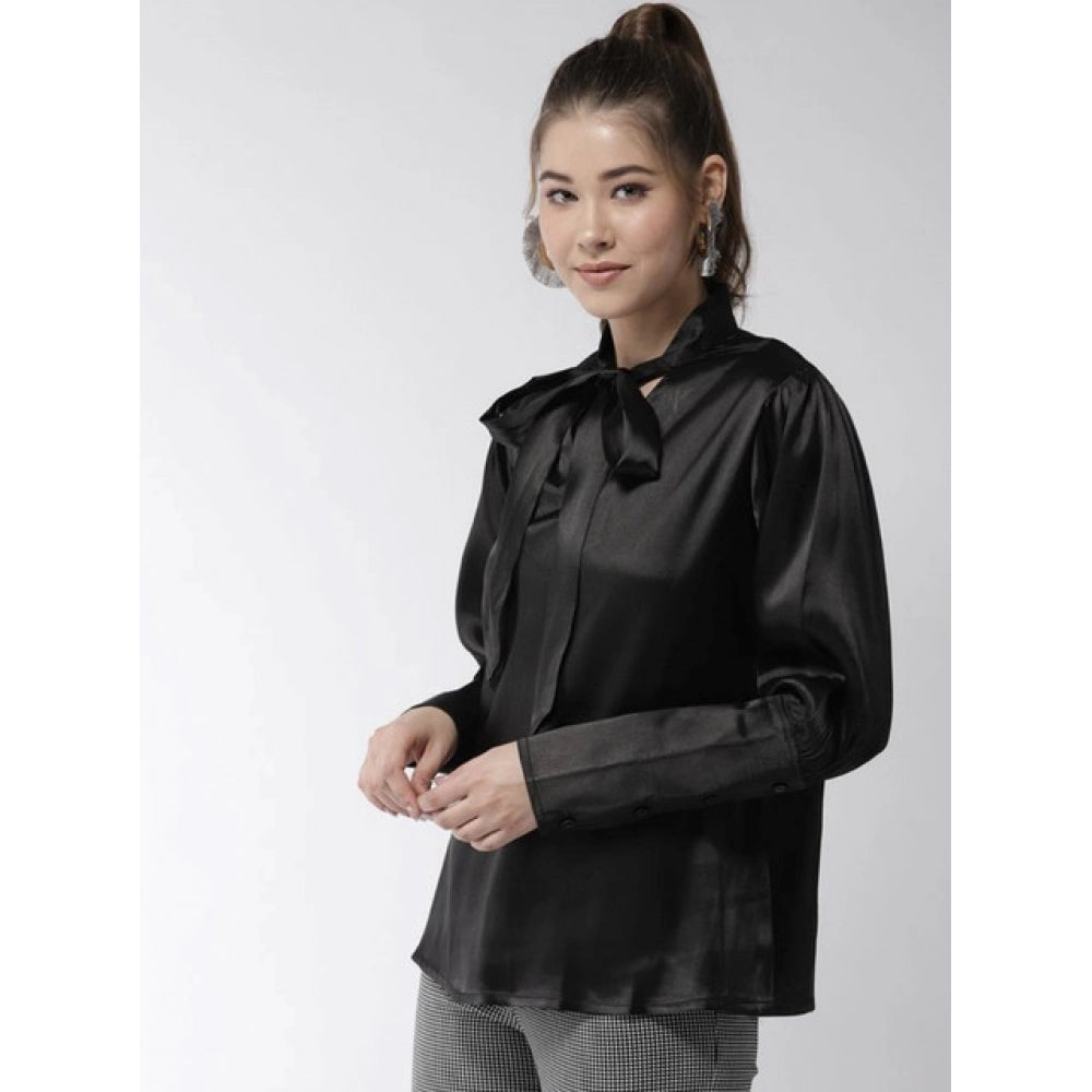 Women's Solid Long Sleeves Top — Black