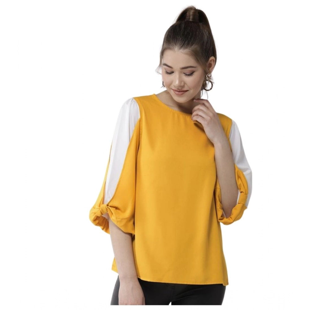 Women's Colour Block Slit Sleeve Top — Yellow-White