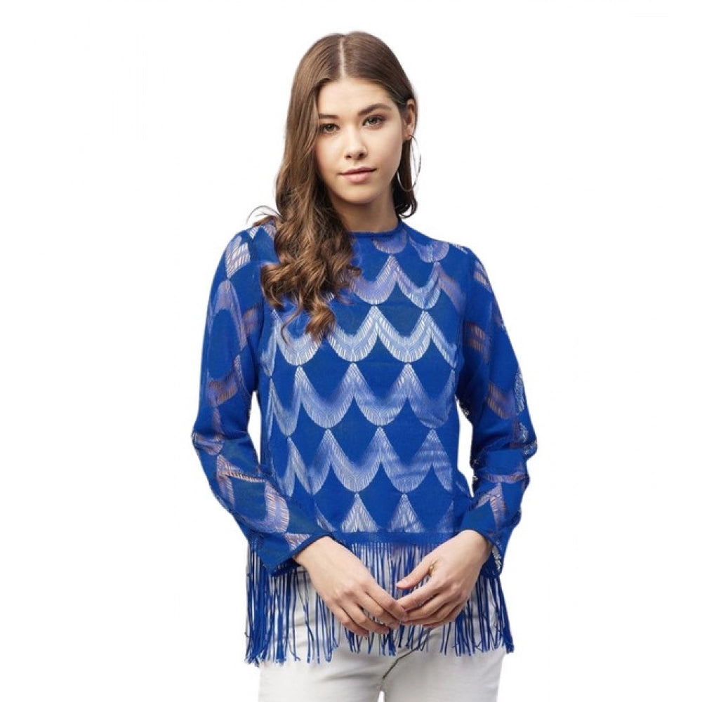 Women's Lace Self Design Long Sleeves Top — Blue